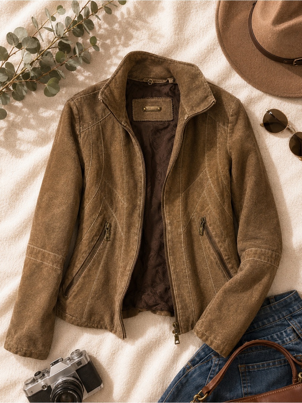 i.e. Relaxed Petite Brown Faux Suede Moto Jacket Zip Front Western Boho